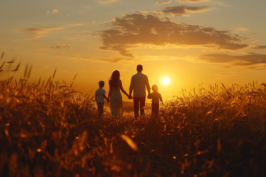 A family with a mother, father, and two children seen from behind on a walk outside during sunset