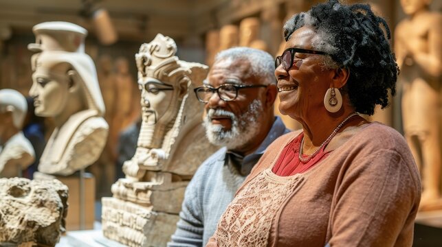 A couple smiles while exploring exquisite ancient Egyptian sculptures at a museum