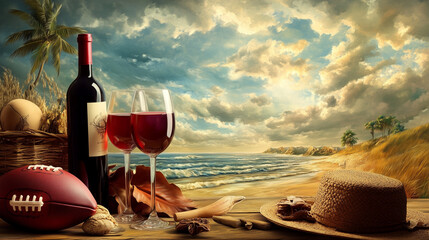 bottle of wine and a bunch of grapes on a beach