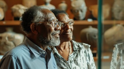 Fototapeta premium An elderly couple explores cultural artifacts in a museum, appreciating the history around them