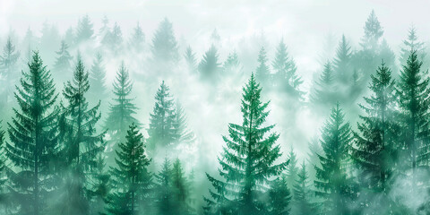 Obraz premium A landscape of peace, a pine forest with mist passing through the leaves.