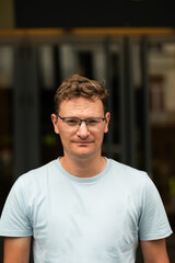Obraz premium Portrait of a 45 yo white man with a city background, Brussels, Belgium