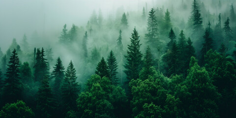 Fototapeta premium Meditation and hiking in a pine forest surrounded by mist
