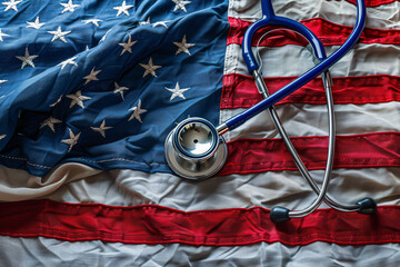 US health care system concept, a stethoscope lying on an American flag