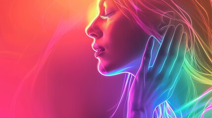 Vibrant neon abstract art with glowing hand and lines