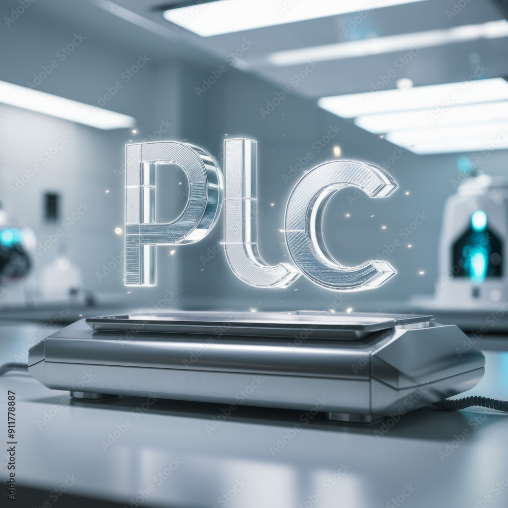 Poster futuristic scene with floating glowing hologram of plc text in high-tech laboratory