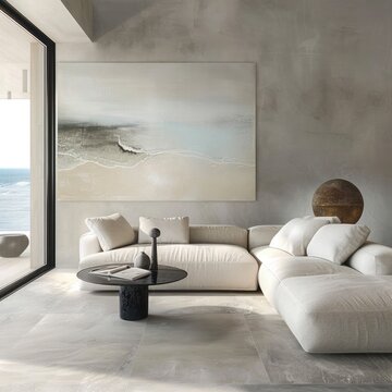 iving room with a blend of industrial textures and cozy furniture, suitable for promoting elegant 