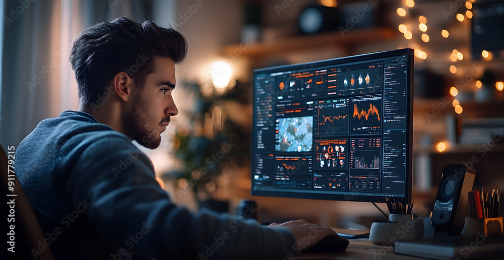 Poster a man is sitting in front of a computer monitor, looking at the screen intently