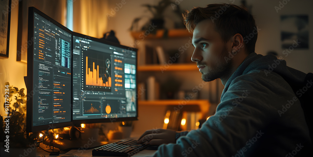 Poster a man is sitting in front of two computer monitors