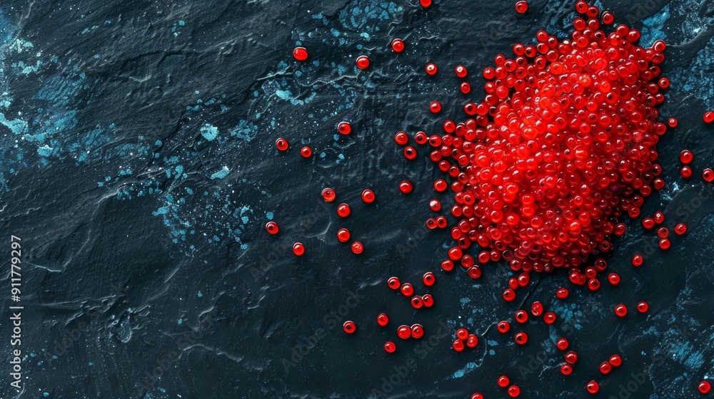 Poster top view of vibrant red spheres scattered on a dark textured surface. abstract digital art image. pe