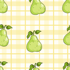 Seamless pattern with green ripe pear fruits with leaves on yellow checkered background. Vector illustration.