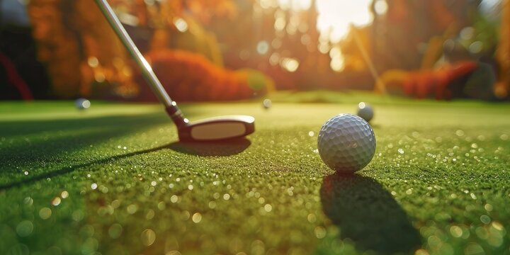 Closeup of golf balls and putter on backyard putting green