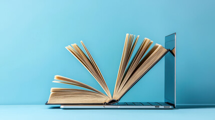 Open Book Emerging From Laptop on Blue Background
