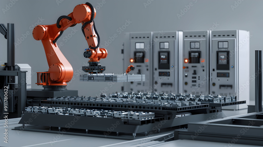 Poster robot assembly line with electric car battery cells module on platform