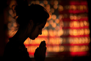 The silhouette of a young woman praying in front of an American flag