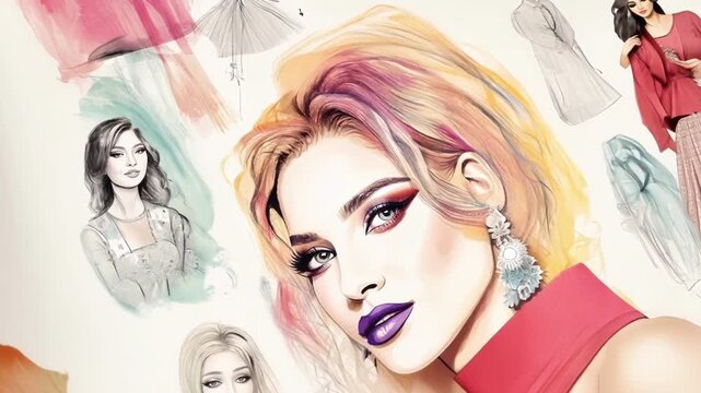 A closeup of a fashion illustrators sketchbook featuring a variety of vibrant colors and patterns that hint at their unique design aesthetic.