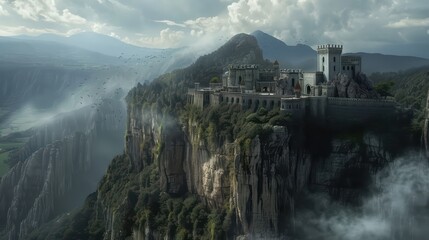 Fototapeta premium 3D render of a fantasy castle perched on a cliff with surrounding magical landscapes