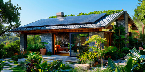 Fototapeta premium A modern house in a valley with a solar roof, renewable energy installation in residential homes