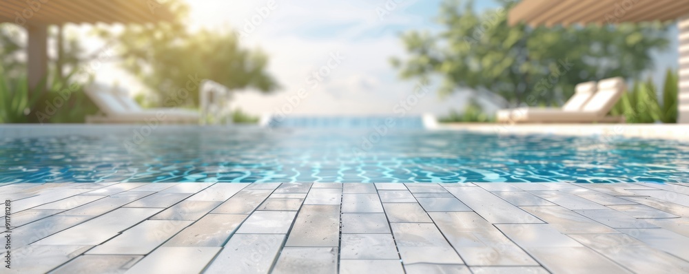 Poster blurred white ceramic tile table top with an outdoor swimming pool and lounge chairs in the backgrou