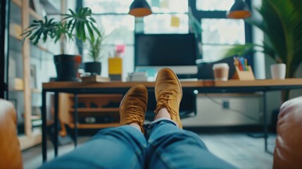 A person is seated on a couch with their feet up, showing a relaxed posture