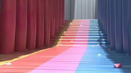 Modern minimalist hallway with colorful lights and curtains.