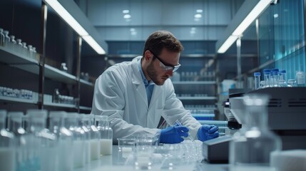 Scientist performing milk quality testing in a laboratory using advanced equipment