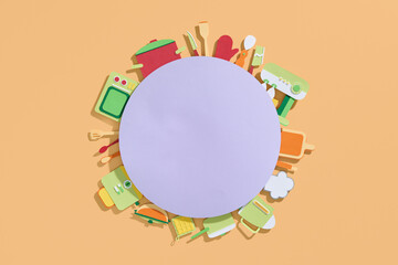 Paper Craft Kitchen Utensils and Appliances on Colorful Background