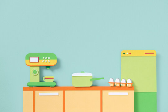 Colorful Paper Cut Kitchen Items With Coffee Maker and Eggs