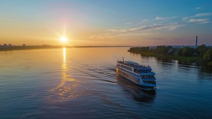 Cruise ship on peaceful river at sunset, beautiful view.