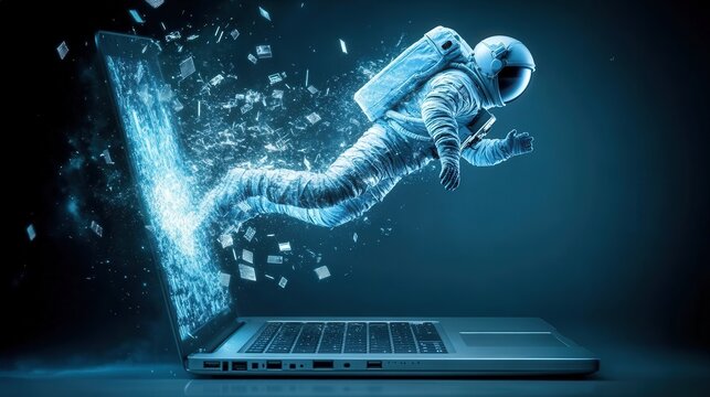 astronaut floating out of a laptop like a rocket