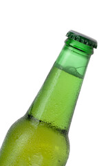 A green bottle of fresh beer in close-up with condensation on the surface of the bottle