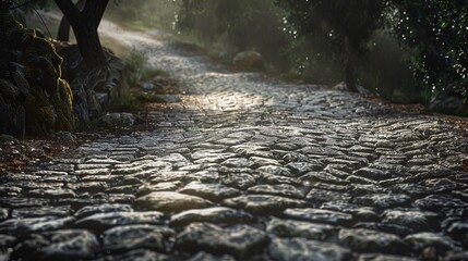 Wet cobblestone path in forest with misty lighting scene