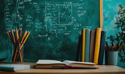 Classroom Desk with Open Book, Pencils, and Chalkboard Filled with Mathematical Formulas