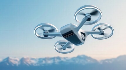 sage blue modern futuristic drone flying over a mountain range 