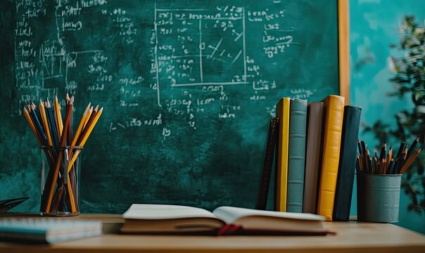 Classroom Desk with Open Book, Pencils, and Chalkboard Filled with Mathematical Formulas