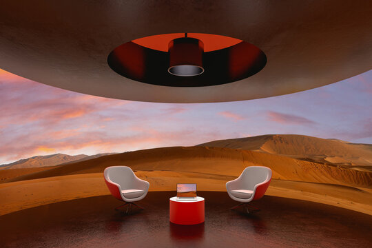 Modern interior with desert view on a screen