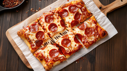 Traditional American food Pepperoni Pizza. The image shows a rectangular pizza cut into six pieces, topped with melted cheese and pepperoni slices, placed on a wooden board with parchment paper.