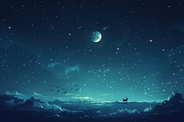 Fototapeta premium Minimalist iPhone wallpaper featuring dark blue night sky with stars, crescent moons, and forest silhouettes