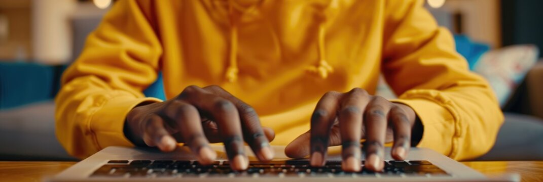 African child using laptop close up Afro American boy s hands typing on computer for homework or video game at home