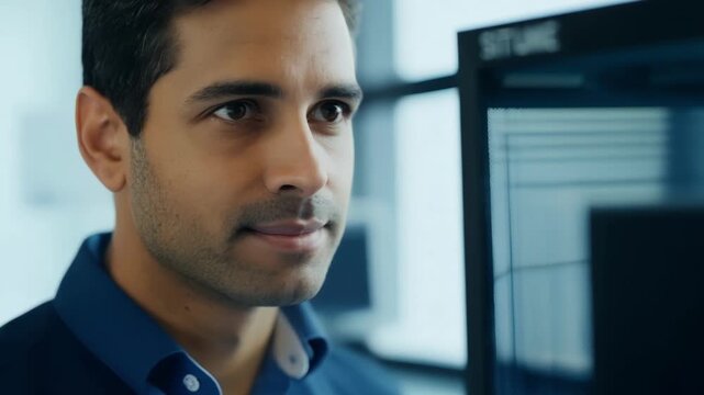 A closeup portrait of an IT spet appearing confident and in control as they oversee the installation of a new network system in the office.