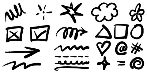 Bold brush Hand drawn doodle style collection of heart, scribble, star, check mark, spirals, sparkles, leaves, lightning, and emphasis element. use for concept design.