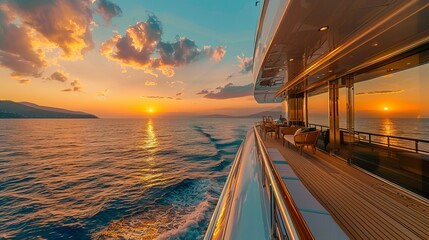 Luxury yacht cruising at sunset with stunning views.