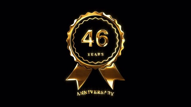 46th Anniversary Celebration. Happy 46 Years Anniversary Animation in Gold Color on the Transparent Background, Alpha Channel. Great for greetings, celebrations, events, and gifts.