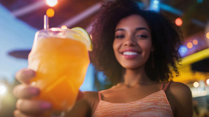 A beautiful woman holds a tropical mixed drink up to the viewer, low angle shallow depth of field - outside at a resort, sundown evening light, all inclusive or hotel guest