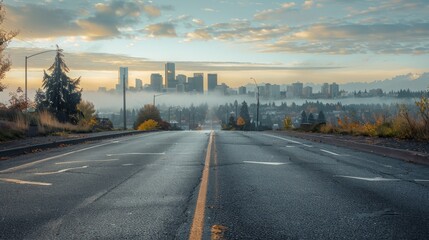 A peaceful road set against the backdrop of a city skyline.