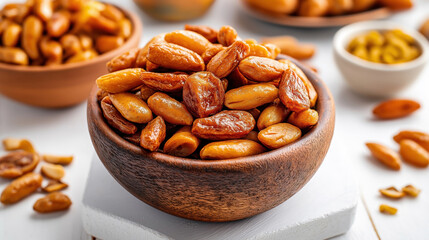 Fototapeta premium Traditional Moroccan food Mrouzia. The image shows a bowl filled with caramelized almonds, which are a common component in Mrouzia, a sweet and savory Moroccan dish.
