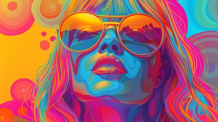 Flowing neon hair with circular colorful background