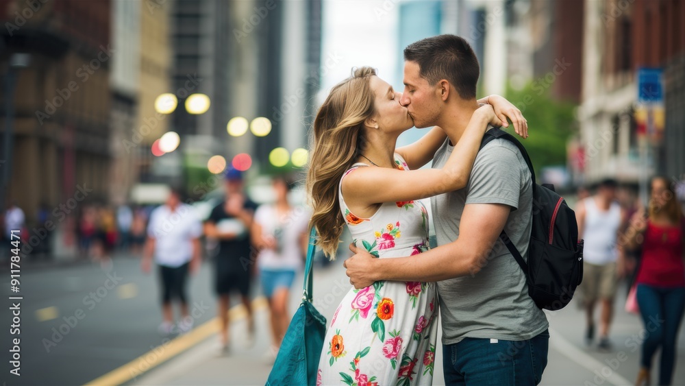 Poster A man and woman kissing on the street in a busy city, AI