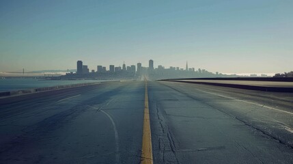 Fototapeta premium The road is empty and the city skyline is subtle and unobtrusive.