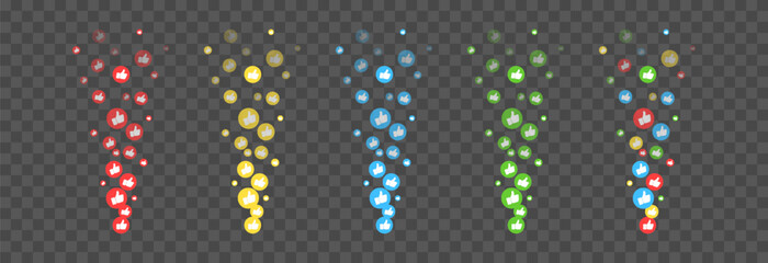 Vector flying reaction icons. Flying multi-colored icons of thumbs up, likes png. Likes on social networks, marketing, advertising, png.